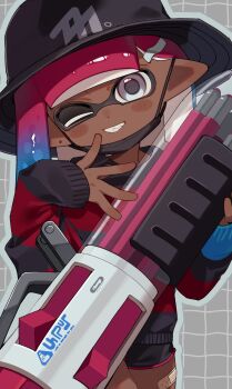 Rule 34 | 1girl, ballpoint splatling (splatoon), black hat, black sweater, blue hair, bucket hat, dark-skinned female, dark skin, dolphin shorts, hat, highres, holding, holding weapon, inkling, inkling girl, inkling player character, looking at viewer, mask, mouth mask, multicolored hair, nintendo, one eye closed, pink hair, pointy ears, print hat, red sweater, sabata saba, shorts, smile, solo, splatoon (series), standing, sweater, tentacle hair, two-tone sweater, very dark skin, weapon