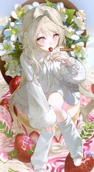 Rule 34 | 1girl, 9nyo, blonde hair, bright pupils, cake, character request, coat, commentary request, copyright request, eating, flower, flower-shaped pupils, food, from above, fruit, fur-trimmed sleeves, fur trim, hair bun, hand on own knee, hand up, highres, knees together feet apart, leg warmers, light blush, long hair, long sleeves, looking at viewer, mini person, minigirl, pink eyes, shoes, sitting, solo, strawberry, symbol-shaped pupils, twitter username, very long hair, white coat, white flower, white leg warmers, white pupils, white shoes