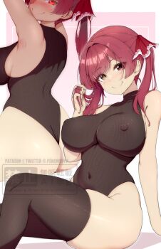 1girl ass bare_shoulders black_leotard black_thighhighs blush border breasts covered_erect_nipples fishnet_leotard fishnet_thighhighs fishnets from_behind highres hololive houshou_marine large_breasts leotard multiple_views peach-cup pink_background red_eyes red_hair simple_background sitting smile thighhighs twintails virtual_youtuber watermark white_border yellow_eyes