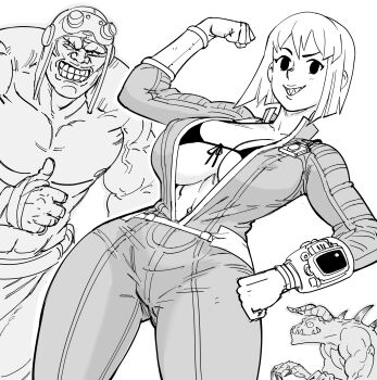 1girl absurdres bb_(baalbuddy) bodysuit breasts creature deathclaw fallout greyscale highres large_breasts looking_at_viewer medium_breasts monochrome navel pip_boy smile solo super_mutant thumbs_up vault_girl vault_suit