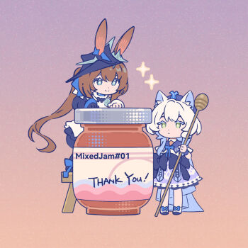 2girls amiya_(arknights) amiya_(guard)_(arknights) amiya_(guard)_(in_a_myriad_of_universes)_(arknights) animal_ears arknights black_hat blue_eyes bottle brown_hair cat_ears cat_girl chibi chinese_commentary commentary_request dress ears_through_headwear favilia gloves gradient_background green_eyes hat holding honey_dipper long_hair multiple_girls official_alternate_costume oversized_object rabbit_ears rabbit_girl rosmontis_(an_airy_dream)_(arknights) rosmontis_(arknights) simple_background single_glove smile sparkle step_stool very_long_hair white_dress white_hair