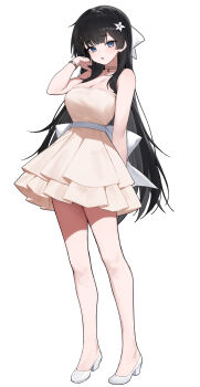 1girl arm_behind_back bare_legs bare_shoulders black_hair blue_eyes breasts choker cleavage flower full_body hair_flower hair_ornament hand_up hashtag-only_commentary high_heels highres huhi_(huhi_1211) large_breasts long_hair looking_at_viewer parted_lips shirayuki_hina shoes simple_background solo standing stellive very_long_hair virtual_youtuber white_background white_shoes