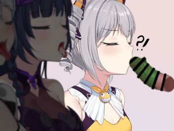 !? 1boy 3girls :d bar_censor bare_shoulders blush bodysuit bow breasts bronya_zaychik bronya_zaychik_(yamabuki_armor) censored cleavage cleavage_cutout closed_eyes clothing_cutout commentary_request condom disembodied_penis drill_hair fake_horns grey_hair hair_bow halloween_costume hetero homu_(honkai_impact) honkai_(series) honkai_impact_3rd horns hyunjjing kiana_kaslana kiana_kaslana_(white_comet) kissing_penis leotard long_hair mosaic_censoring multiple_girls open_mouth oral_invitation penis ponytail purple_hair purple_leotard raiden_mei raiden_mei_(eventide_phantom) raiden_mei_(lightning_empress) smile tongue tongue_out twin_drills upper_body very_long_hair white_bodysuit white_hair yellow_bow yellow_leotard