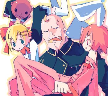 2boys 2girls alex_louis_armstrong animal_ears anime_coloring archived_source asami_natsuhito bald black_dress black_jacket black_sleeves black_suit blonde_facial_hair blonde_hair blue_eyes boots bow bowtie closed_mouth collared_jacket detached_sleeves doll dress ears_down facial_hair falling formal_clothes fullmetal_alchemist jacket jaggy_lines long_sleeves looking_at_another lowres military_jacket military_uniform mr._smith multiple_boys multiple_girls mustache no_sclera nose open_mouth orange_outline original outline overalls pink_hair pink_overalls pink_sleeves profile rabbit_ears red_bow short_hair short_sleeves shorts simple_background sophy suit sweatdrop thigh_boots white_background white_outline white_shorts white_sleeves wide_sleeves wing_collar yellow_bow yellow_bowtie