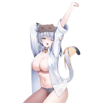 1girl ;o absurdres amase_chihiro arm_behind_head arms_up artist_request bell black_choker black_hair black_tail blue_nails bow bow_panties breasts choker collared_shirt cowboy_shot cropped_legs dot_nose gradient_tail grey_panties hair_between_eyes hand_on_own_arm highres large_breasts long_hair looking_at_viewer multicolored_hair navel neck_bell official_alternate_costume official_alternate_hairstyle official_art one_eye_closed open_mouth panties poker_fate purple_hair saliva saliva_trail see-through_clothes see-through_shirt shirt sleep_mask solo streaked_hair stretching tail tail_bow tail_ornament teeth transparent_background unbuttoned unbuttoned_shirt underwear upper_teeth_only white_hair white_shirt white_tail yellow_bow yellow_eyes