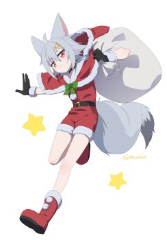 Rule 34 | 1girl, absurdres, ahoge, animal ear fluff, animal ears, belt, black gloves, boots, bow, bowtie, capelet, choker, closed mouth, fox ears, fox girl, fox tail, full body, fur-trimmed gloves, fur trim, gloves, grey hair, hair ornament, hairclip, highres, holding, holding sack, light blush, looking at viewer, minowa sukyaru, miwa kitsune-chan, original, pom pom (clothes), red boots, red eyes, red shirt, red shorts, sack, santa costume, shirt, short hair, shorts, simple background, smile, solo, star (symbol), tail, twitter username, white background