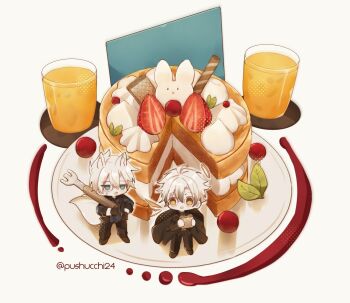 Rule 34 | 2boys, adnachiel (arknights), adnachiel (traceless walker) (arknights), animal ears, arknights, black cape, black gloves, black pants, black vest, blue eyes, cake, cape, chibi, coaster, commentary, english commentary, food, fork, fox boy, fox ears, fox tail, fruit, full body, glass, gloves, grey hair, grey shirt, halo, highres, holding, holding fork, juice, long sleeves, male focus, multiple boys, orange juice, oversized fork, pants, plate, pushu, shirt, short hair, simple background, steward (arknights), steward (snowstorm invitation) (arknights), strawberry, tail, tilted halo, traditional halo, twitter username, vest, white background, yellow eyes