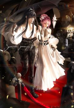 2girls absurdres artist_name belt black_belt black_boots black_corset black_gloves black_hair black_pants blurry boots breasts camera camera_flash chinese_commentary closed_eyes closed_mouth commentary_request corset couple depth_of_field dress ear_piercing earrings eyeshadow garlic_gummy gloves grey_eyes hair_between_eyes hair_bun hair_ornament halter_dress halterneck high_ponytail highres holding holding_another&#039;s_arm holding_umbrella jewelry lens_flare lipstick long_dress long_hair long_sidelocks long_sleeves makeup multiple_girls pants paparazzi path_to_nowhere people piercing pink_hair ponytail puffy_long_sleeves puffy_sleeves rahu_(path_to_nowhere) red_carpet red_lips ring shalom_(path_to_nowhere) shirt sidelocks single_hair_bun small_breasts stanchion swept_bangs thigh_strap triangle_earrings umbrella very_long_hair walking white_dress white_shirt yuri