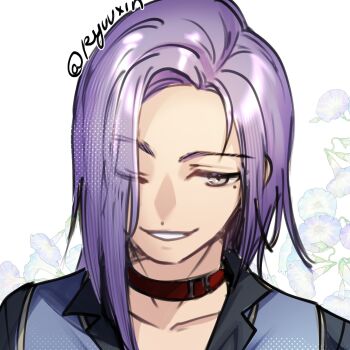 1boy artist_name choker commentary commission english_commentary grey_eyes highres looking_at_viewer male_focus medium_hair mole mole_under_eye one_eye_closed original parted_hair parted_lips portrait purple_hair red_choker ryuuxin smile solo white_background