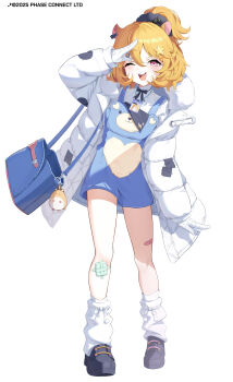 Rule 34 | 1girl, absurdres, animal ears, apron, bandaid, bandaid on leg, black bow, black bowtie, black shoes, blonde hair, blue apron, bow, bowtie, eimi isami, full body, gloves, hair ornament, hamster ears, hamster girl, highres, jacket, kurimui2, one eye closed, open clothes, open jacket, phase connect, pink eyes, safety pin, salute, shoes, socks, solo, star (symbol), star hair ornament, teeth, upper teeth only, virtual youtuber, white background, white gloves, white jacket, white socks