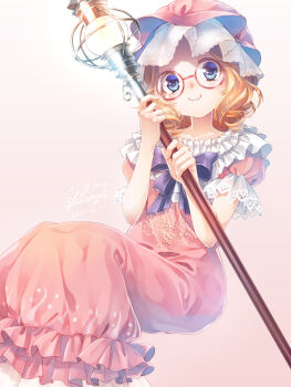 1girl blonde_hair blue_bow blue_bowtie blue_eyes bow bowtie c: dated dress frilled_dress frilled_shirt_collar frills hat helena_adams helena_adams_(eversleeping_girl) highres holding holding_staff identity_v lace-trimmed_sleeves lace_trim looking_at_viewer medium_hair mob_cap official_alternate_costume puffy_sleeves red-framed_eyewear round_eyewear shiroma_kira smile solo staff twitter_username