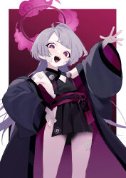 Rule 34 | 1girl, absurdres, bandaged wrist, bandages, bare shoulders, bell, blue archive, detached sleeves, feet out of frame, flat chest, gauze, gauze on cheek, grey hair, grey sleeves, halo, highres, japanese clothes, jingle bell, long hair, looking at viewer, obi, odaneru apart, open mouth, pointy ears, red eyes, red halo, sash, shuro (blue archive), smile, solo