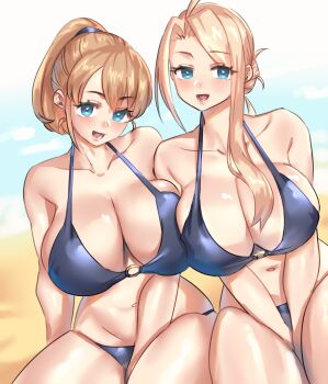1girl 2girls absurdres bikini blonde_hair blue_bikini blue_eyes breasts brown_hair collarbone commentary_request feet_out_of_frame hair_bun highres intrepid_(kancolle) kantai_collection large_breasts long_single_sidelock multiple_girls o-ring o-ring_top ponytail quanero short_hair sitting solo swimsuit v_arms wasp_(kancolle)
