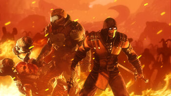 2boys 3d armor baron_of_hell cacodemon chain crossover dark_skin demon doom_(2016) doom_(series) doomguy fire gloves gun hell helmet highres holding holding_weapon horns imp_(doom) lonefirewarrior manly mask monster mortal_kombat_(series) mortal_kombat_x multiple_boys muscular ninja personification revenant_(doom) scorpion_(mortal_kombat) skeleton spikes sword teeth weapon