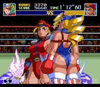 1boy 2girls 6+others alternate_costume ass bare_shoulders blonde_hair blue_eyes blue_leotard boxing_ring breasts cammy_white cosplay curvy energy fake_screenshot fighting highleg highleg_leotard highres justice_gakuen large_breasts leotard lips looking_at_another m._bison_(cosplay) multiple_girls multiple_others nakamanga official_alternate_costume outfit_connection pixel_art red_leotard restrained revealing_clothes scene_reference shiny_skin sleeveless street_fighter thong_leotard tiffany_lords wide_hips