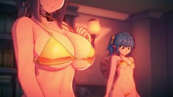 2girls 3d adjusting_clothes adjusting_swimsuit animated anna_anon bikini blue_hair blurry blurry_background book bookshelf bouncing_breasts breast_envy breasts closed_mouth dartboard eyes_out_of_frame girl_staring_at_guy's_chest_(meme) gold_bikini head_out_of_frame highres indoors koikatsu_(medium) large_breasts looking_at_viewer looking_down multiple_girls navel open_mouth original pointy_ears red_eyes sana_(anna_anon) small_breasts smile sound swimsuit tagme thighs video wide_hips