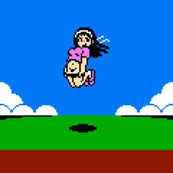 Rule 34 | 1girl, aliasing, black hair, breasts, buruma, buruma pull, clothes pull, cloud, coconuts japan, famicom, female focus, flashing, game console, gym uniform, i love softball, jumping, large breasts, long hair, looking at viewer, outdoors, pixel art, saiwai hiroshi, shadow, sky, smile, solo