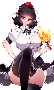 Rule 34 | 1girl, black bra, black hair, black panties, black ribbon, black skirt, black thighhighs, bra, bra peek, breasts, cleavage, commentary, cowboy shot, hand fan, hand on own hip, hat, hauchiwa, highres, holding, holding fan, knee up, lace, lace-trimmed bra, lace-trimmed panties, lace trim, large breasts, looking at viewer, medium hair, miniskirt, neck ribbon, open mouth, panties, pointy ears, pom pom (clothes), puffy short sleeves, puffy sleeves, raptor7, red eyes, red hat, ribbon, shameimaru aya, shirt, short sleeves, sidelocks, simple background, skirt, solo, standing, thighhighs, thighs, tokin hat, touhou, underwear, white background, white shirt