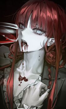 1boy alcohol androgynous bite_mark bite_mark_on_neck black_background black_jacket black_nails blue_eyes braid commentary cup drinking_glass fangs fingernails frilled_sleeves frills highres holding holding_cup jacket long_hair long_sleeves looking_at_viewer male_focus open_mouth original pobbbpsa pointy_ears red_hair sharp_fingernails simple_background solo symbol-only_commentary upper_body vampire vampire_bite wine wine_glass