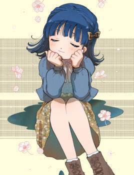 1girl belt blunt_bangs braid brown_belt brown_ribbon brown_shoes brown_skirt closed_eyes closed_mouth crown_braid denim denim_jacket dress_shirt en_trtr eyelashes falling_petals flipped_hair floral_print floral_print_skirt flower hair_ribbon head_rest idolmaster idolmaster_million_live! idolmaster_million_live!_theater_days jacket light_blush light_smile medium_hair nanao_yuriko official_alternate_costume official_alternate_hairstyle open_clothes open_jacket petals print_skirt private_dress_(idolmaster_million_live!) ribbon shirt shoes sitting skirt socks solo u_u water white_ribbon white_shirt white_socks