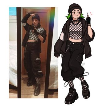 Rule 34 | 1girl, art vs artist, beanie, black gloves, black hair, black hat, black hoodie, black pants, black shoes, brown eyes, cargo pants, chain, checkered clothes, checkered shirt, checkered socks, collar, commentary, earrings, english commentary, fingerless gloves, gloves, gluca, green hair, hat, highres, hood, hoodie, jewelry, middle finger, midriff, multicolored hair, open clothes, open hoodie, pants, photo inset, real life, self-portrait, shirt, shoes, short eyebrows, signature, solo, spiked collar, spikes, two-tone hair