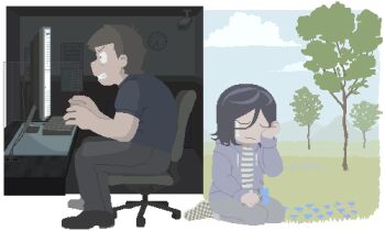 1boy 1other angel_martinez blue_flower blue_sky brown_hair clinical_trial_(game) cloud computer computer_keyboard dark_room flower grass highres holding holding_flower homunculus100 hood hoodie lee_smith meme monitor mountain official_art pants pixel_art shirt sky striped_clothes striped_shirt tree typing