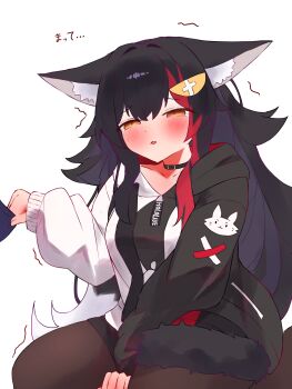 1girl absurdres animal_ear_fluff animal_ears black_choker black_hair black_hoodie black_pantyhose choker commentary_request hair_ornament hairpin highres hololive hood hoodie long_hair looking_at_viewer multicolored_hair official_alternate_costume ookami_mio ookami_mio_(hoodie) open_mouth pantyhose red_streaks streaked_hair tail tepenchi two-tone_hoodie virtual_youtuber white_hoodie wolf_ears wolf_girl wolf_tail