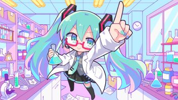 1girl absurdres aqua_eyes aqua_hair aqua_nails aqua_necktie black_shoes black_skirt blue_nails boots box chibi clock closed_mouth coat collared_shirt commentary_request flask glasses grey_shirt hatsune_miku highres holding holding_flask lab_coat laboratory long_hair looking_at_viewer microscope necktie no_nose paper petri_dish pipette red-framed_eyewear richard_(richaball) semi-rimless_eyewear shelf shirt shoes skirt smile solo thigh_boots tie_clip twintails very_long_hair vial vocaloid white_coat