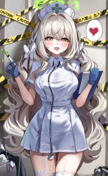 1girl absurdres alternate_costume blue_archive blush bow breasts brown_hair clipboard commentary covered_navel garter_straps hair_bow halo hat heart highres holding holding_clipboard holding_syringe long_hair looking_at_viewer miyo_(blue_archive) nurse nurse_cap open_mouth sak_(lemondisk) short_sleeves smile solo spoken_heart syringe thighhighs white_bow white_garter_straps white_thighhighs yellow_eyes zettai_ryouiki