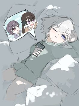 3girls :3 bang_dream! bang_dream!_it's_mygo!!!!! blue_eyes brown_eyes commentary_request grey_hair hanasakigawa_school_uniform haneoka_school_uniform highres kaname_raana long_hair melty_lubll multiple_girls one_eye_closed open_mouth pajamas purple_eyes school_uniform shiina_taki takamatsu_tomori talking_on_phone white_hair