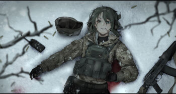 1girl ak-74m ammunition ammunition_pouch assault_rifle belt belt_pouch black_gloves black_sweater bleeding blood blood_from_mouth blood_on_face blood_on_ground blurry blurry_foreground branch brown_eyes brown_hair brown_helmet brown_pants buckle bulletproof_vest camouflage camouflage_jacket combat_helmet dog_tags dying from_above fur-trimmed_jacket fur_trim gloves grin gun gun_sling headset helmet highres injury iubworks jacket kalashnikov_rifle load_bearing_vest lying magazine_(weapon) medium_hair messy_hair military military_uniform mixed-language_commentary multilingual_commentary nostrils on_back original pants patch pouch rifle rifle_cartridge smile snap-fit_buckle snow solo sweater tactical_clothes unworn_headwear unworn_helmet upper_body walkie-talkie weapon winter