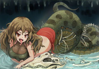 1girl bare_shoulders bone breasts brown_hair cleavage commentary_request fang forked_tongue highres lamia large_breasts long_hair looking_at_viewer maru_ko messy_hair monster_girl orange_eyes original partially_submerged red_sarong sarong scales skeleton slit_pupils snake solo titanoboa tongue