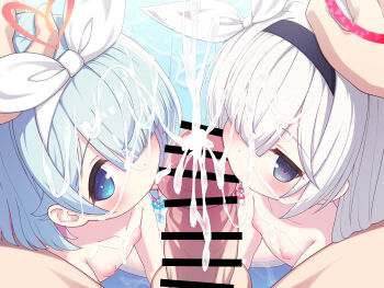1boy 2girls absurdres arona_(blue_archive) bar_censor blue_archive blue_eyes blue_hair censored commentary_request cooperative_fellatio cum cum_in_mouth cum_on_hair fellatio ffm_threesome group_sex hair_over_one_eye hairband hetero highres loli looking_at_viewer multiple_girls nipples nude oral penis plana_(blue_archive) pov sasakura_momiji teamwork_(sexual) threesome tongue tongue_out variant_set white_hair