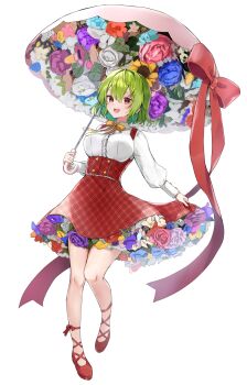 Rule 34 | 1girl, bare legs, bow, breasts, buttons, center frills, collared shirt, commentary request, double-breasted, flower, flower request, flower underskirt, frills, full body, green hair, high-waist skirt, highres, holding, holding umbrella, kazami yuuka, large breasts, leaf, long sleeves, open mouth, parasol, pink flower, pink rose, plaid clothes, plaid skirt, puffy long sleeves, puffy sleeves, red bow, red eyes, red ribbon, red shoes, red skirt, ribbon, rose, shironeko yuuki, shirt, shoes, short hair, simple background, skirt, skirt hold, smile, solo, sunflower, suspender skirt, suspenders, teeth, touhou, umbrella, upper teeth only, white background, white flower, white shirt, yellow ribbon