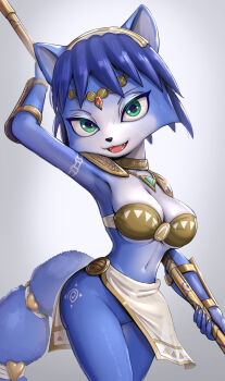 1girl absurdres animal_ears aqua_eyes arm_tattoo arm_up armor armpits bikini_armor blue_hair breasts circlet cleavage fangs fox_ears fox_girl fox_tail furry furry_female gonzarez highres holding holding_staff holding_weapon jewelry krystal leg_tattoo medium_breasts navel neck_ring necklace nintendo shoulder_armor smile snout staff star_fox tail tattoo vambraces weapon