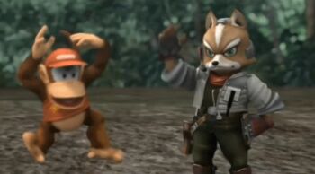 00s 2008 2boys 3d animal_ears animated animated_gif ape boots chimpanzee diddy_kong donkey_kong_(series) dragging foliage fox fox_ears fox_mccloud furry furry_male green_eyes jacket jungle male_focus monkey monkey_tail multiple_boys nature nintendo outdoors red_headwear star_fox super_smash_bros. tail thumbs_up toes tree walking