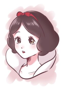 1girl absurdres aoiyuuna_811 black_hair bow disney_princess hair_bow highres looking_at_viewer multiple_girls open_mouth parted_lips princess short_hair smile snow_white_(disney) snow_white_and_the_seven_dwarfs_(disney) solo upper_body white_background