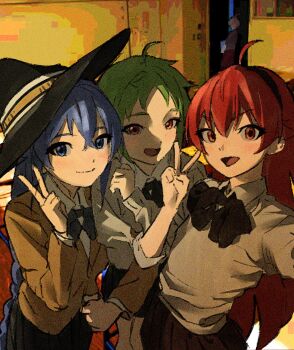 3girls ahoge black_bow black_hairband black_hat black_skirt blue_eyes blue_hair bow braid collared_shirt eris_greyrat green_hair hair_between_eyes hairband hat highres jacket long_hair looking_at_viewer multiple_girls mushoku_tensei nyus0721 red_eyes red_hair roxy_migurdia selfie shirt short_hair skirt smile sylphiette_(mushoku_tensei) v white_shirt witch_hat