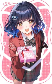 Rule 34 | 1girl, :d, black bow, black bowtie, black hair, black skirt, blue hair, blush, border, bow, bowtie, box, collared shirt, commentary request, cowboy shot, gingham background, gradient hair, hair intakes, heart, highres, holding, holding box, jacket, long sleeves, looking at viewer, miniskirt, multicolored hair, open clothes, open jacket, open mouth, original, outside border, pink background, plaid bow, plaid bowtie, plaid clothes, plaid skirt, pleated skirt, red jacket, ribbon, shinishi chiho, shirt, signature, skirt, smile, solo, two-tone hair, valentine, white border, white ribbon, white shirt
