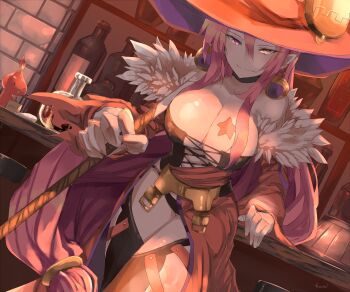 1girl absurdres bar_(place) bar_stool beer_keg black_choker black_panties black_thighhighs bottle breast_tattoo breasts choker cleavage coat corset dutch_angle earrings fang fractal_(fractal25) fur-trimmed_coat fur_trim gauntlets hat highres holding holding_weapon jewelry large_breasts leaning_on_table long_hair looking_at_viewer low-tied_long_hair luminous_arc no_bra panties pink_eyes pink_hair pointy_ears single_gauntlet smile star_(symbol) stool tattoo tavern thighhighs two-tone_thighhighs underwear vanessa_(luminous_arc) very_long_hair weapon witch witch_hat