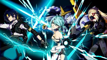 Rule 34 | 1boy, 2girls, ahoge, asaba harumasa, bare shoulders, black background, black gloves, black hair, black pants, blindfold mask, blonde hair, blue eyes, blue hair, bow (weapon), braid, camouflage, camouflage jacket, camouflage pants, clothing cutout, covered eyes, elbow gloves, fingerless gloves, flower hairpin, formal clothes, gloves, glowing mask, gun, hair ornament, headband, highres, holding, holding bow (weapon), holding weapon, jacket, long hair, looking at viewer, mask, mecha, mole, mole on shoulder, multiple girls, necktie, open mouth, pants, ponytail, rifle, rikuroute2025, robot, see-through clothes, seed (zenless zone zero), seed sr., shirt, short hair, side cutout, smile, sniper rifle, suit, triangle hair ornament, trigger (zenless zone zero), weapon, wet, white gloves, white shirt, white suit, yellow eyes, yellow headband, zenless zone zero