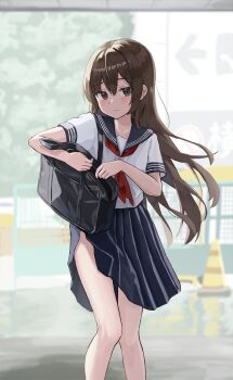 1girl absurdres accidental_exposure bag black_bag black_sailor_collar black_skirt blush brown_eyes brown_hair commentary_request feet_out_of_frame highres keiyo_earth legs long_hair neckerchief original pleated_skirt red_neckerchief sailor_collar school_uniform serafuku shirt short_sleeves skirt skirt_caught_on_object solo thighs train_station white_shirt