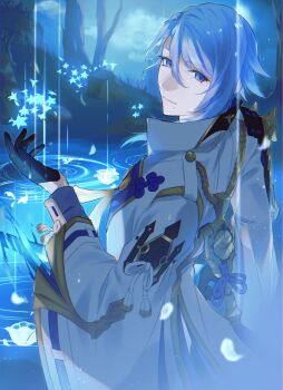 1boy absurdres arm_guards armor asymmetrical_armor black_armor black_gloves blue_eyes blue_flower blue_hair closed_mouth commentary_request contrast_lapels flower from_behind genshin_impact gloves glowing_flower gold_trim hair_between_eyes half_gloves hand_up highres kamisato_ayato kamisato_clan_(emblem) lapels leaf light_smile liquid_flower long_sleeves looking_at_viewer male_focus medium_hair mole mole_under_mouth outdoors popped_collar purple_shirt rain ribbon-trimmed_sleeves ribbon_trim ripples shirt single_sode solo tailcoat tassel tree water white_tailcoat wide_sleeves yadama_(ydm_2w)