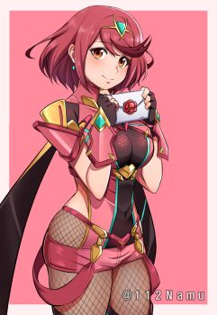 1girl bob_cut breasts cowboy_shot earrings fingerless_gloves fishnet_pantyhose fishnets floating_earrings gloves impossible_clothes jewelry looking_at_viewer medium_breasts namu_(112namu) nintendo pantyhose pantyhose_under_shorts pyra_(xenoblade) red_eyes red_hair red_shorts short_hair short_shorts shorts smash_invitation smile solo super_smash_bros. swept_bangs thighhighs thighhighs_under_pantyhose tiara twitter_username xenoblade_chronicles_(series) xenoblade_chronicles_2