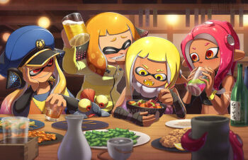 Rule 34 | 4girls, agent 3 (splatoon), agent 4 (splatoon), agent 8 (splatoon), alcohol, bandaged arm, bandages, bar (place), beer, beer mug, black tank top, blonde hair, blue hat, blush, bottle, chicken (food), choko (cup), chopsticks, coat, colored sclera, commentary, cup, deviantart logo, deviantart username, domino mask, drunk, eating, edamame, english commentary, eye mask, fangs, fins, food, fried chicken, fruit, glass, glass bottle, gradient hair, grin, hat, headphones, holding, holding chopsticks, holding cup, indoors, inkling, lemon, long hair, mask, masu, mohawk, mug, multicolored hair, multiple girls, nintendo, octoling, orange eyes, orange hair, ovolo123, parted lips, pink eyes, plate, pointy ears, red eyes, sake bottle, shish kebab, short eyebrows, short twintails, skewer, smallfry (splatoon), smile, splatoon (series), splatoon 1, splatoon 2, splatoon 3, tan, tank top, tentacle hair, tokkuri, tongue, tongue out, twintails, watermark, wristband, yellow coat, yellow eyes, yellow sclera