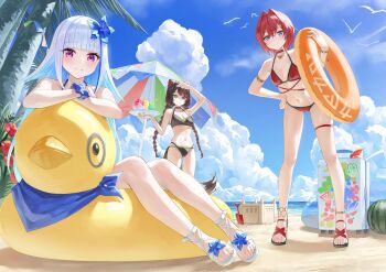 3girls :3 alternate_costume ange_katrina animal_ears anklet arm_up armlet bandana bandana_around_neck bangle bare_arms beach bikini black_bikini black_sandals blue_bandana blue_eyes blue_flower blue_hair blue_sky blunt_bangs blush bracelet braid breasts brown_hair brown_tail cleavage closed_mouth cloud colored_inner_hair commentary_request crossed_arms day dog_ears dog_girl dog_tail duck_innertube flower food fruit gold_necklace hair_between_eyes hair_flower hair_intakes hair_ornament hand_on_own_hip hand_up heterochromia highres holding holding_swim_ring holding_tray innertube inui_toko jewelry leaning_forward lize_helesta long_hair looking_at_viewer low_twin_braids medium_breasts medium_hair multi-strapped_bikini_bottom multicolored_hair multiple_girls necklace nijisanji ocean on_innertube outdoors palm_tree parasol purple_eyes red_bikini red_eyes red_flower red_hair red_sandals rissenka rolling_suitcase sanbaka_(nijisanji) sand_castle sand_sculpture sandals sebastian_piyodore shaved_ice shore sidelocks simple_bird sitting skindentation sky small_breasts smile split_mouth standing stomach streaked_hair suitcase summer swim_ring swimsuit tail thigh_strap tray tree triangle_hair_ornament twin_braids two-tone_hair umbrella very_long_hair virtual_youtuber watermelon white_hair white_sandals yellow_eyes
