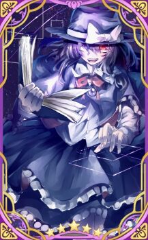 Rule 34 | 1girl, :d, alternate eye color, black capelet, black eyes, black hair, black hat, black skirt, book, bow, bowtie, buttons, capelet, collar, frills, hair between eyes, hair bow, hat, hat bow, heterochromia, holding, holding book, long sleeves, meteor shower, muraryo, open mouth, parody, red bow, red bowtie, red eyes, shirt, short hair, skirt, sky, sleeve cuffs, smile, solo, space, standing, star (sky), star (symbol), starry sky, teeth, touhou, touhou cannonball, upper teeth only, usami renko, white bow, white collar, white shirt