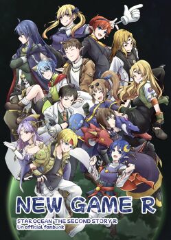 Rule 34 | ahoge, ashton anchors, blue eyes, blue hair, bowman jean, breasts, cape, celine jules, chisato madison, claude c. kenny, closed mouth, crescent, crescent hair ornament, dias flac, ernest raviede, full body, gloves, gun, hair ornament, highres, holding, holding gun, holding weapon, jungo yquinone, leon geeste, long hair, looking at viewer, multiple boys, multiple girls, noel chandler, open mouth, opera vectra, pointy ears, precis neumann, red cape, rena lanford, short hair, simple background, skirt, smile, star ocean, star ocean: the second story, thighhighs, weapon, welch vineyard