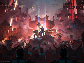 Rule 34 | 4others, automaton (helldivers), cape, commentary, firing, gun, helldiver (helldivers), helldivers (series), helmet, highres, jetpack, laser, mecha, multiple others, official art, projectile trail, promotional art, robot, rocket launcher, space marine, stratagem (helldivers), sung choi, tagme, walker (robot), weapon