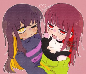 +_+ 2girls :d ;o aged_up asymmetrical_docking bare_shoulders black_choker black_tank_top blonde_hair blush breast_press breasts brown_hair chara_(undertale) choker cleavage collarbone colored_inner_hair commentary_request crossed_bangs earrings fang frisk_(undertale) from_above genderswap genderswap_(otf) green_sweater grey_sweater hair_between_eyes heart highres jewelry jitome long_hair long_sleeves looking_at_viewer medium_breasts mr0x0 multicolored_hair multiple_girls off-shoulder_sweater off_shoulder one_eye_closed open_mouth outline pink_sweater puffy_long_sleeves puffy_sleeves raised_inner_eyebrows red_background red_eyes red_hair sidelocks simple_background smile spiked_ear_piercing strap_slip striped_clothes striped_sweater sweat sweater swept_bangs tank_top tongue too_many_watermarks turtleneck turtleneck_sweater two-tone_hair two-tone_sweater undertale unusually_open_eyes upper_body utdr_(toby_fox) v-shaped_eyebrows watermark white_outline yellow_eyes yellow_sweater yuri